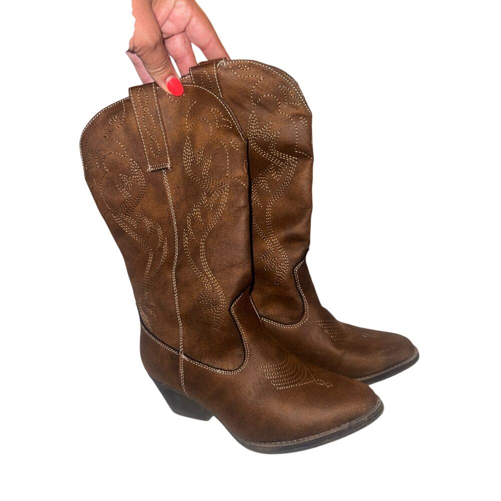 Women’s Brown Western Cowboy Boots Size 6 Mid Calf Embroidered Country Festival